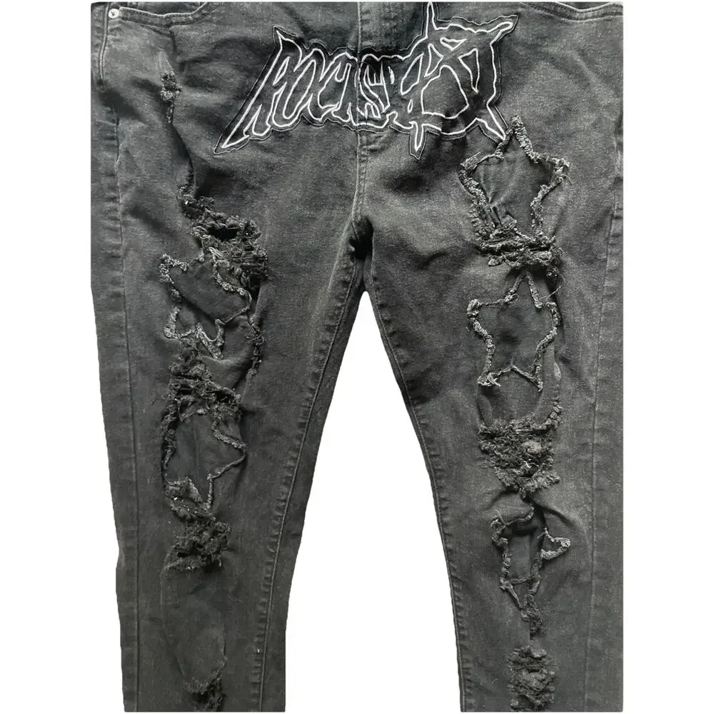 Jeanswear Rockstar Distressed Jeans Star Patches 40 Stretch Grunge Black